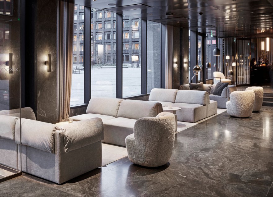 Wonder sofa + Stay lounge in sheepskin in lobby hotel At Six, Stockholm 